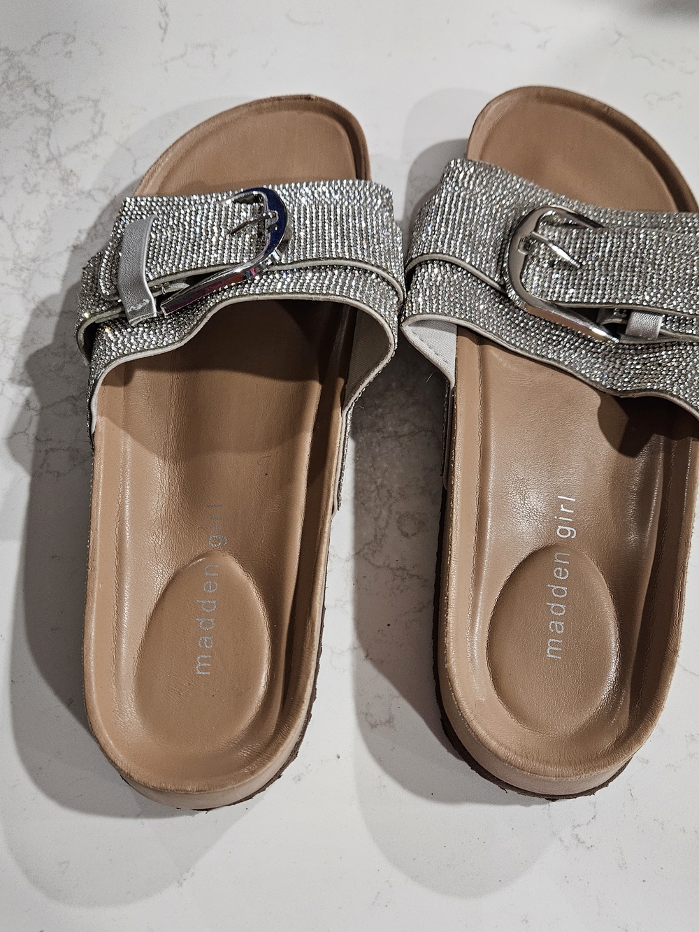 Madden Girl Silver Rhinestone Buckle Slide Mules